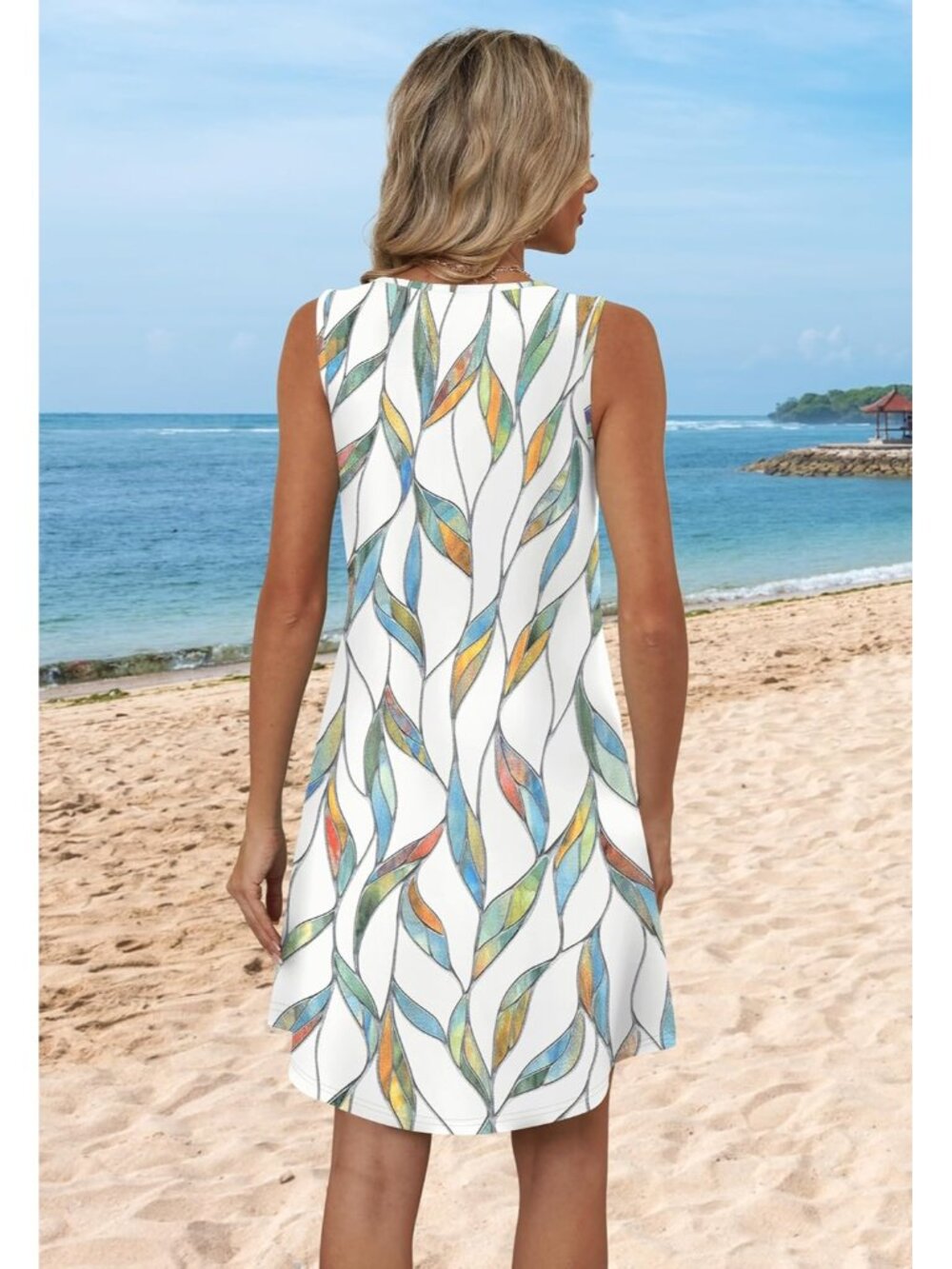 Women's Summer Dress Leaf V Neck Sleeveless Dress Sundresses Swimsuit Coverup - Picture 5 of 5